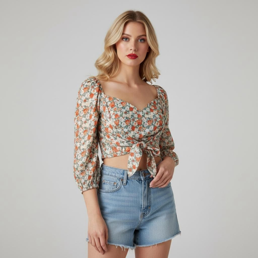 Sweet Lemon Flower Child Medium Sage 3/4 Sleeve Tie Front Crop Top - Picture 8 of 8